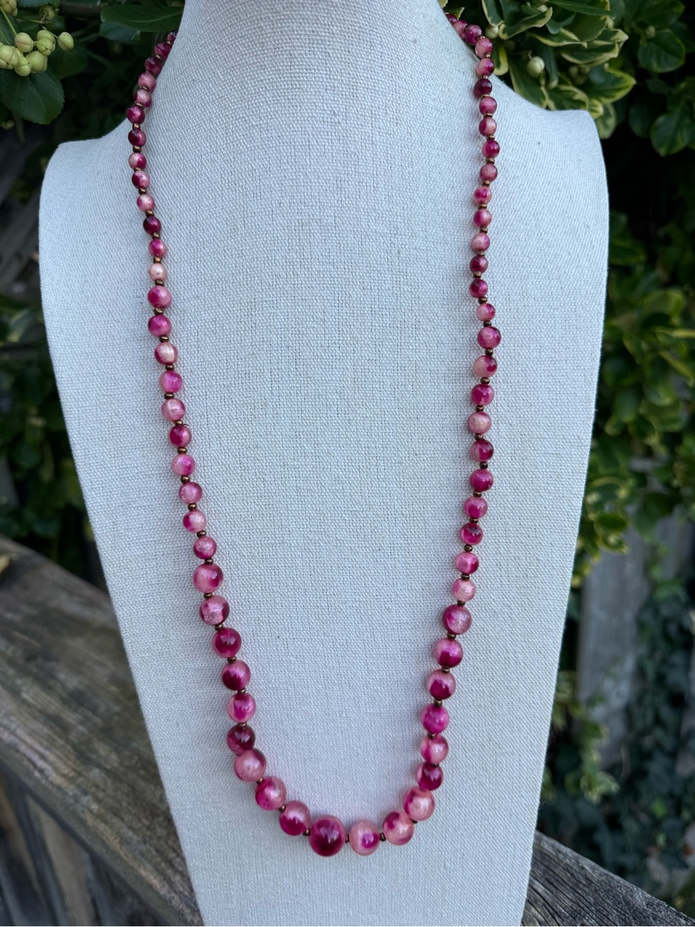 Graduated Magenta Pink Glass Bead Necklace with Bronze Spacer Beads Barrel Clasp